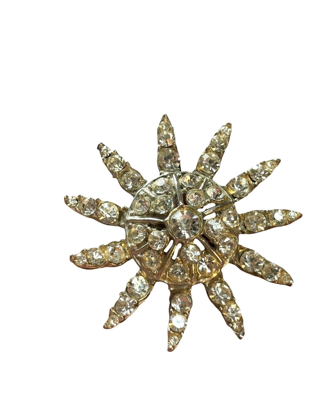 Vintage Rhinestone Sunburst Brooch Gold Tone Starburst Mid Century Clear Crystal